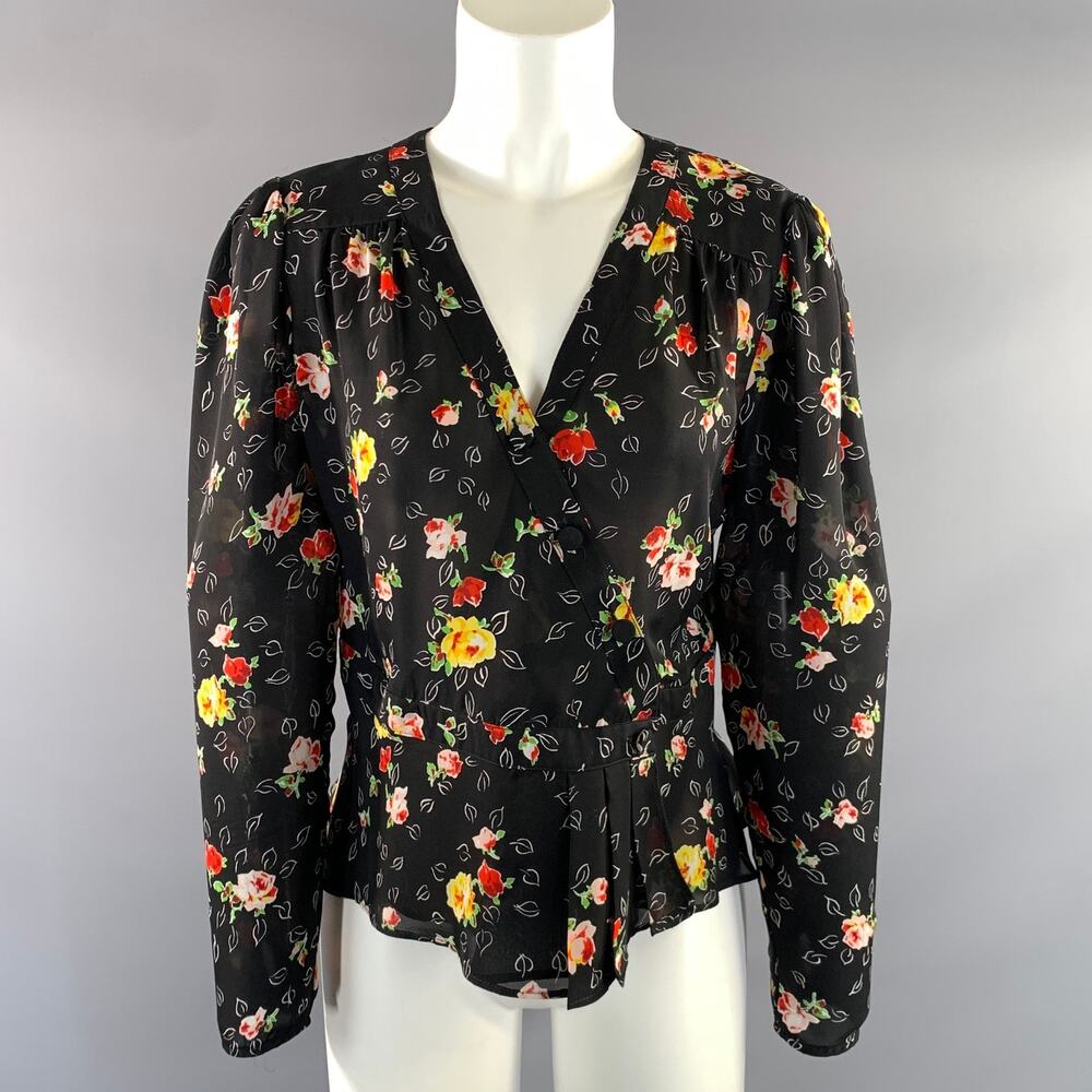 VERONICA BEARD Size 8 Black Multi Color Silk Floral V Neck Casual Top